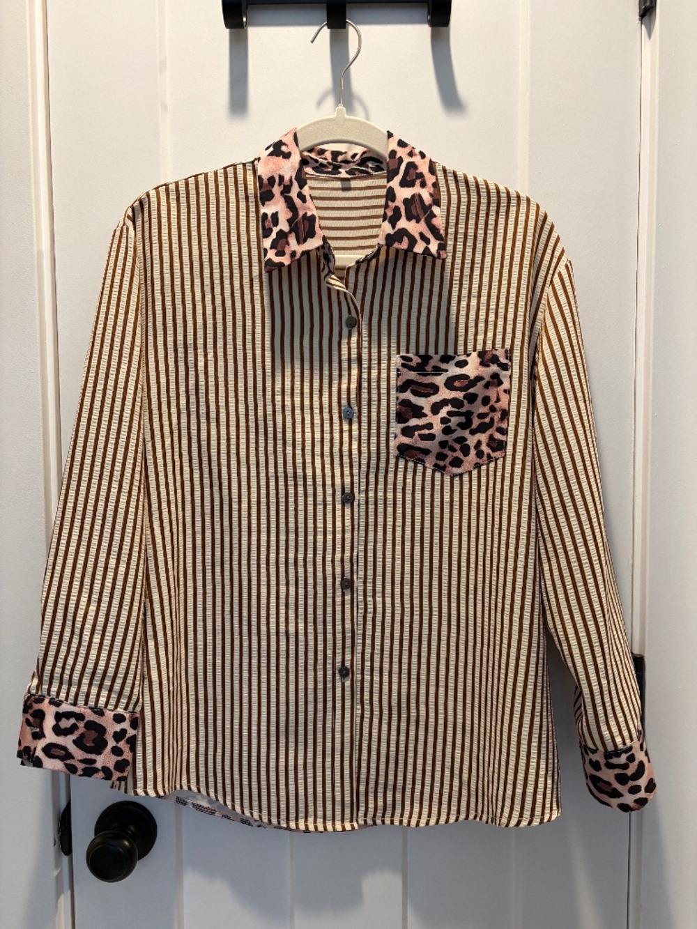 Brown Stripe Shirt with Leopard Print detailing Size S